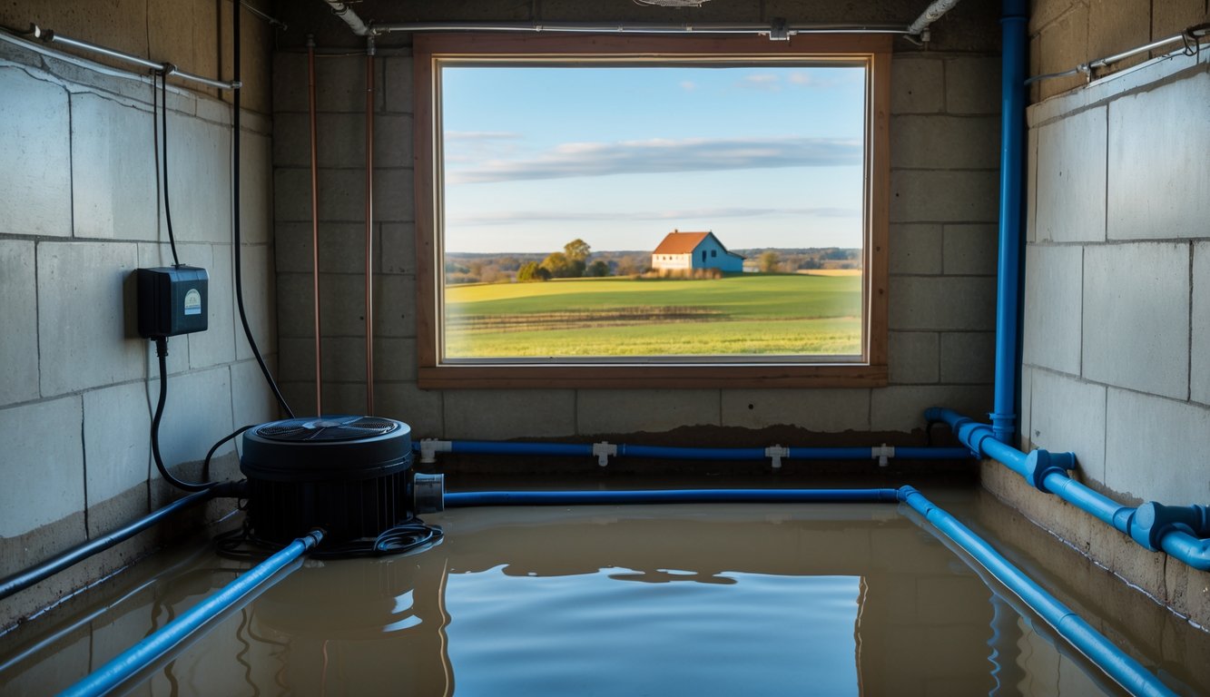 A basement in a rural Southern Ontario home showing waterproofing equipment like a sump pump and drainage pipes, with a small window revealing green fields and a farmhouse outside.