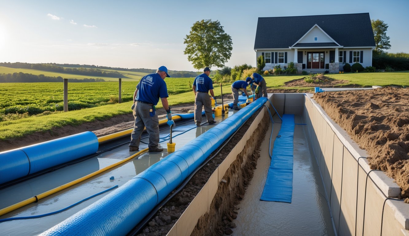 Workers applying waterproofing materials to the exterior basement foundation of a rural farmhouse surrounded by farmland.