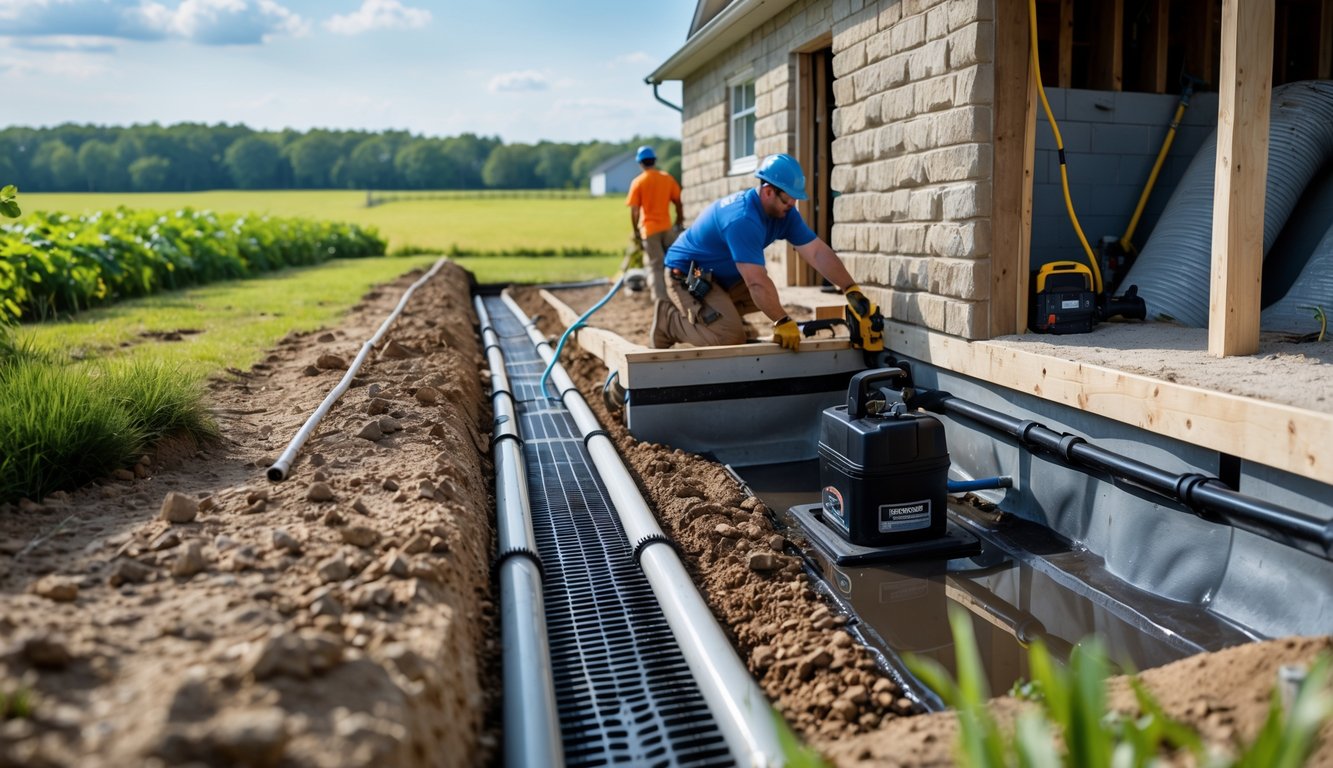 Workers installing drainage pipes and sump pump system at the basement of a rural farmhouse surrounded by farmland.