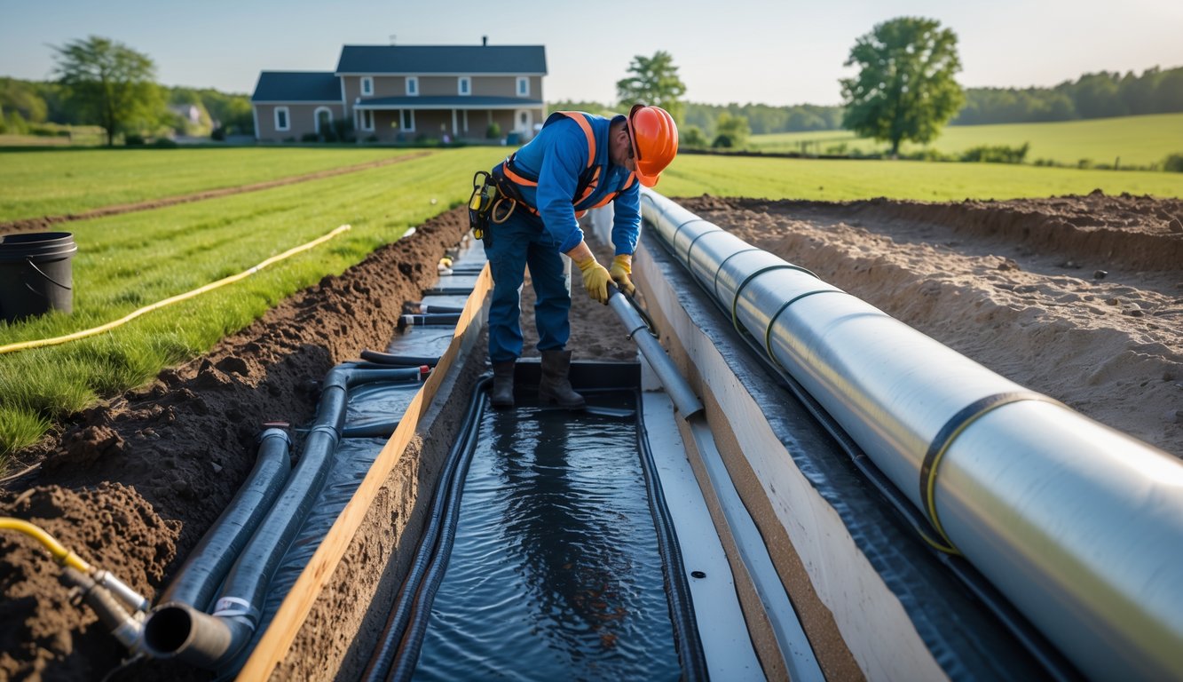Technician applying waterproofing materials to the basement foundation of a rural farmhouse surrounded by farmland.