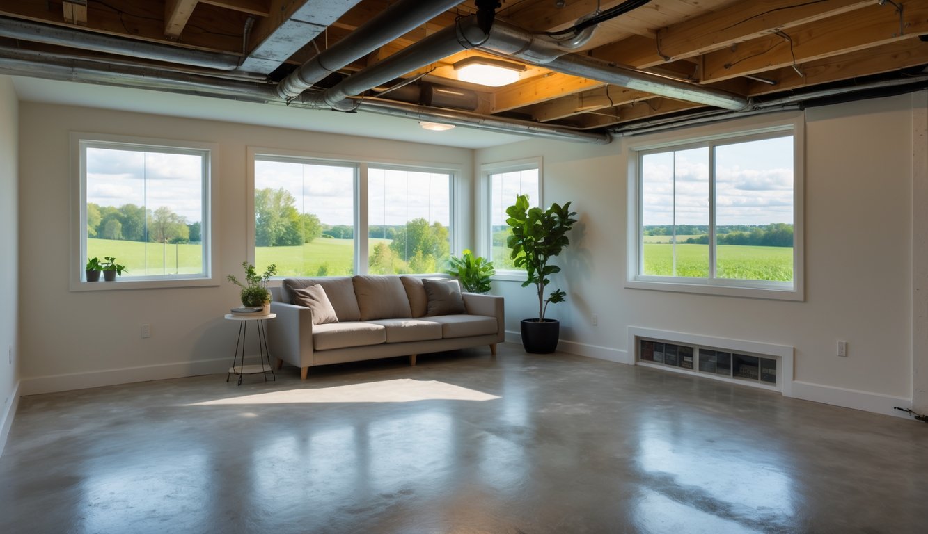 A bright, dry basement with waterproofing features and a view of green rural landscape outside small windows.