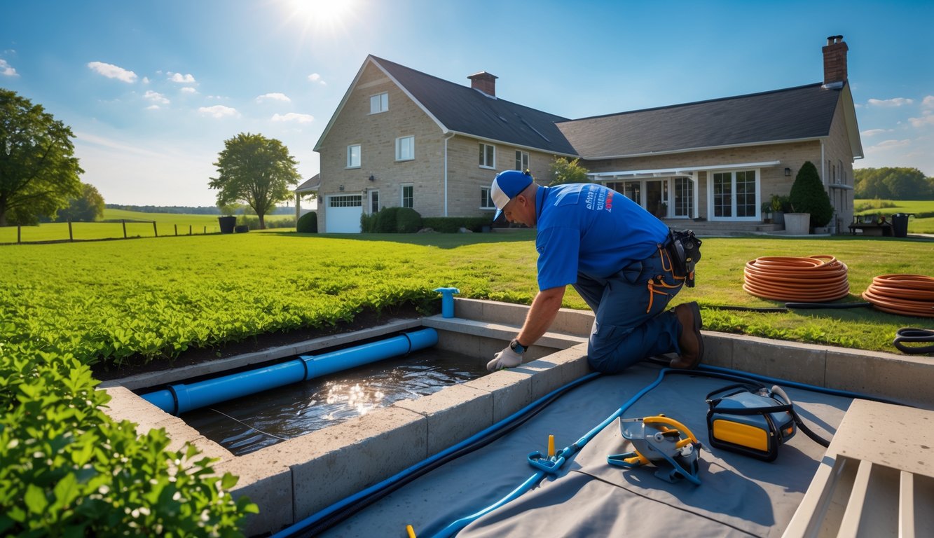 Technician inspecting basement waterproofing measures at a rural farmhouse in Southern Ontario surrounded by farmland.