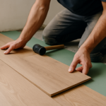 Close-up of flooring installation process with tools and materials
