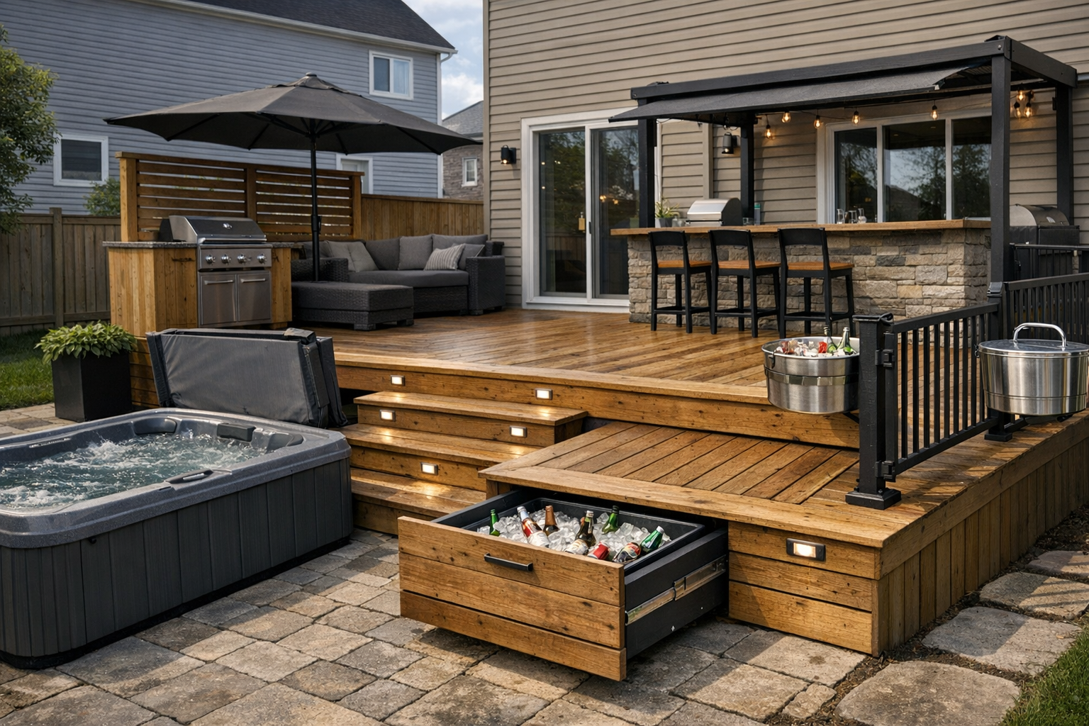 A deck featuring multiple functional add-ons and enhancements for rural renovations