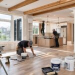 Workers renovating an open-plan kitchen during a whole-home interior renovation