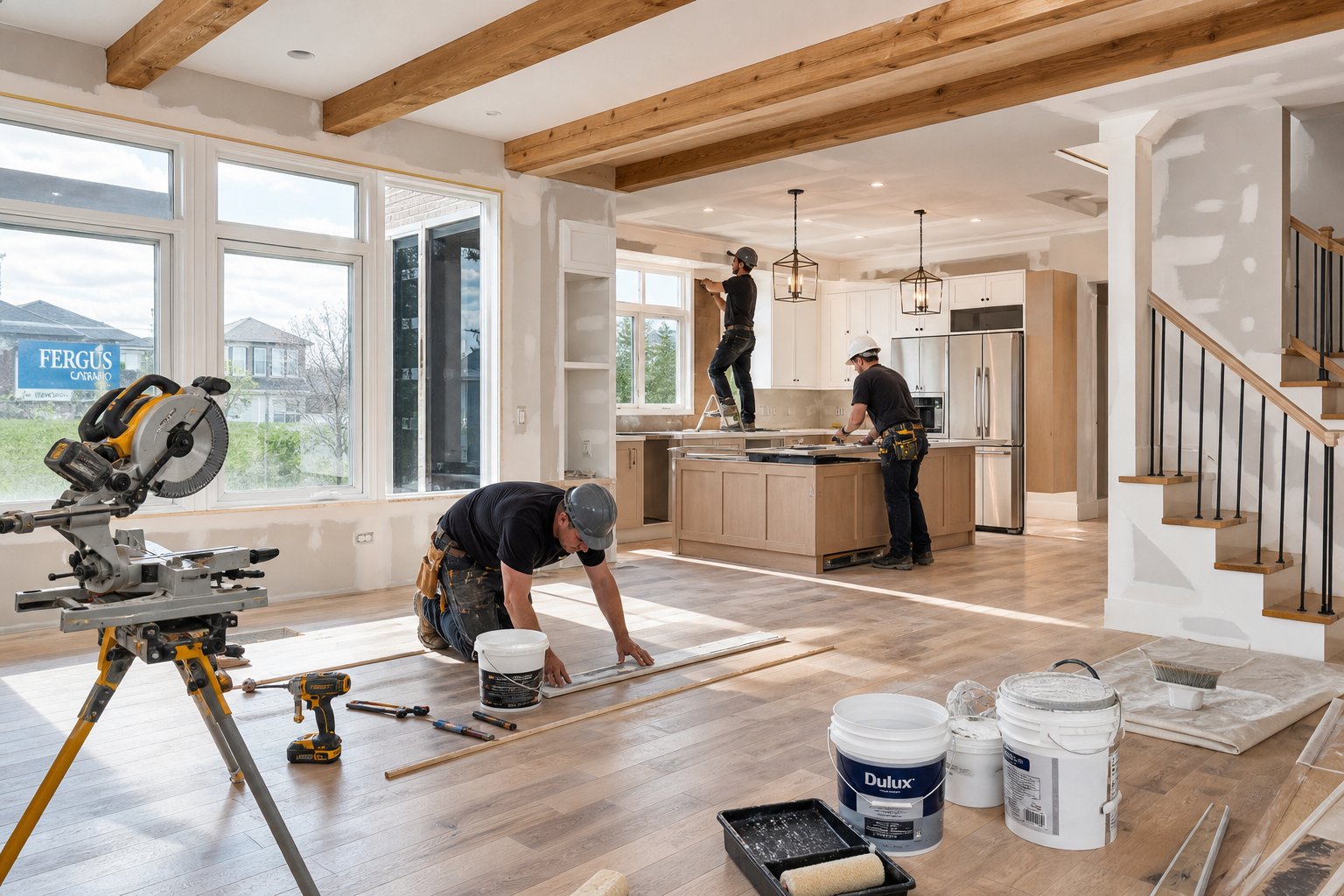 Workers renovating an open-plan kitchen during a whole-home interior renovation