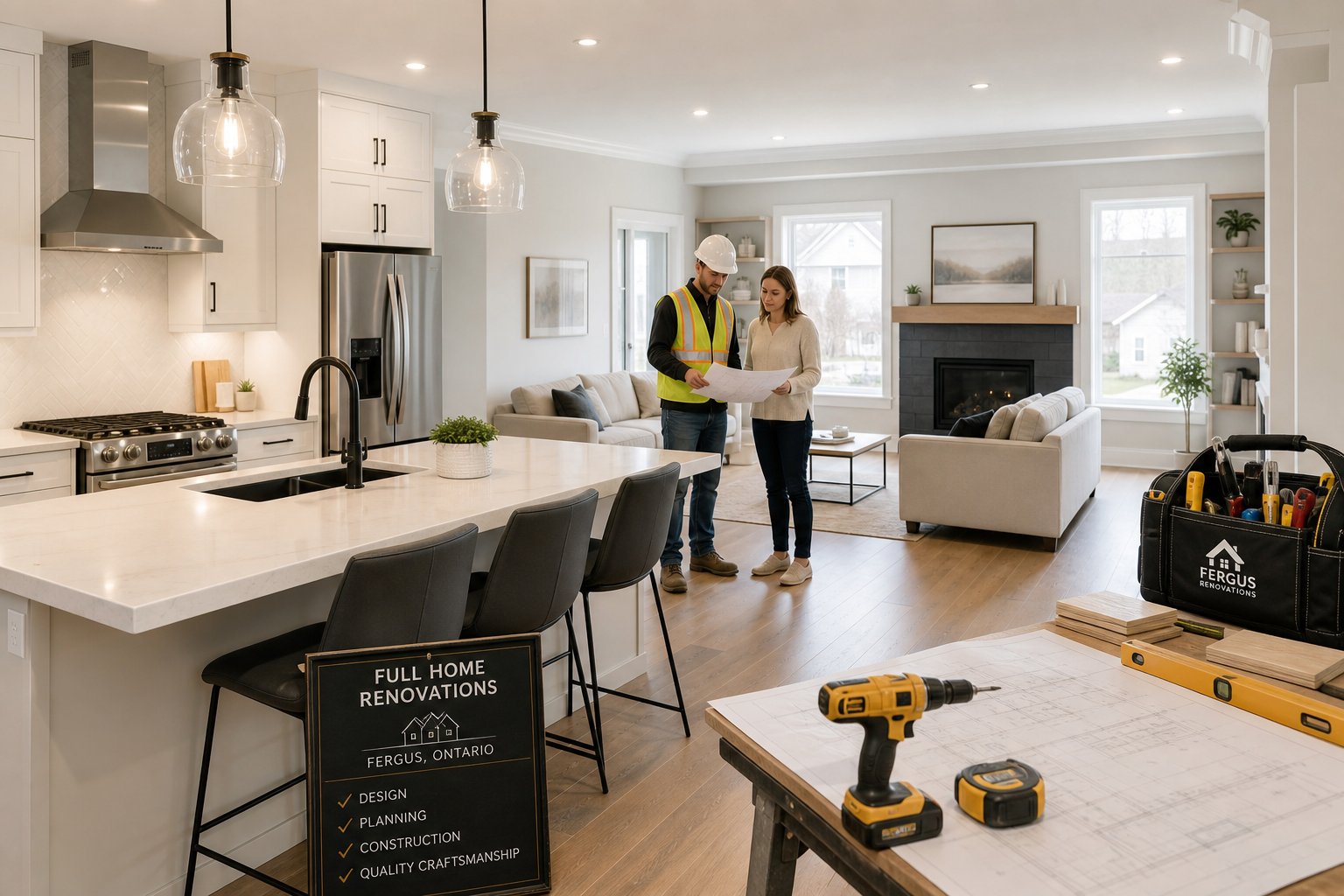 A modern kitchen and living area with a construction worker and homeowner reviewing blueprints in a newly renovated home.