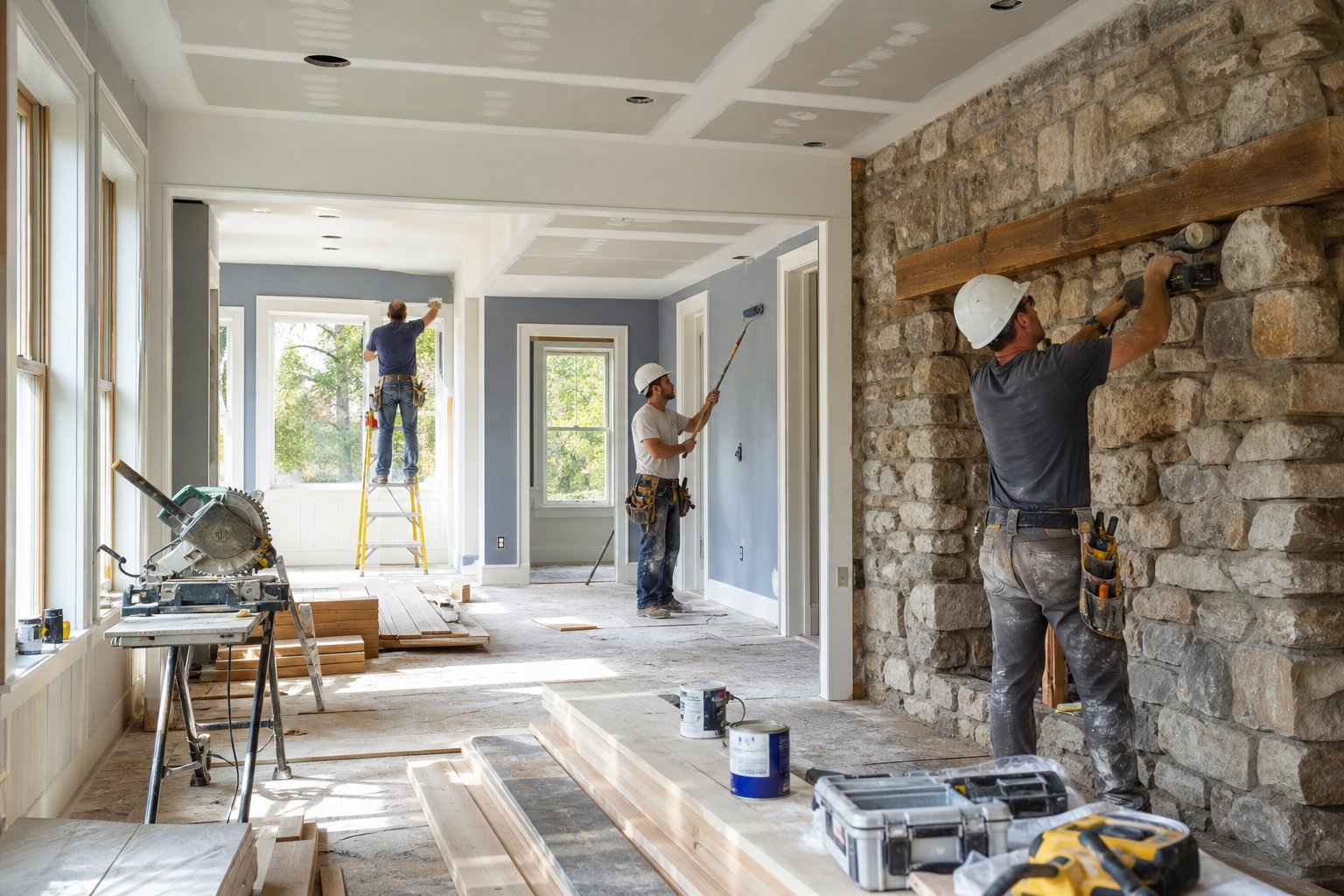Interior of a home in the middle of renovation with workers installing drywall and painting walls, surrounded by construction materials and natural light coming through windows.