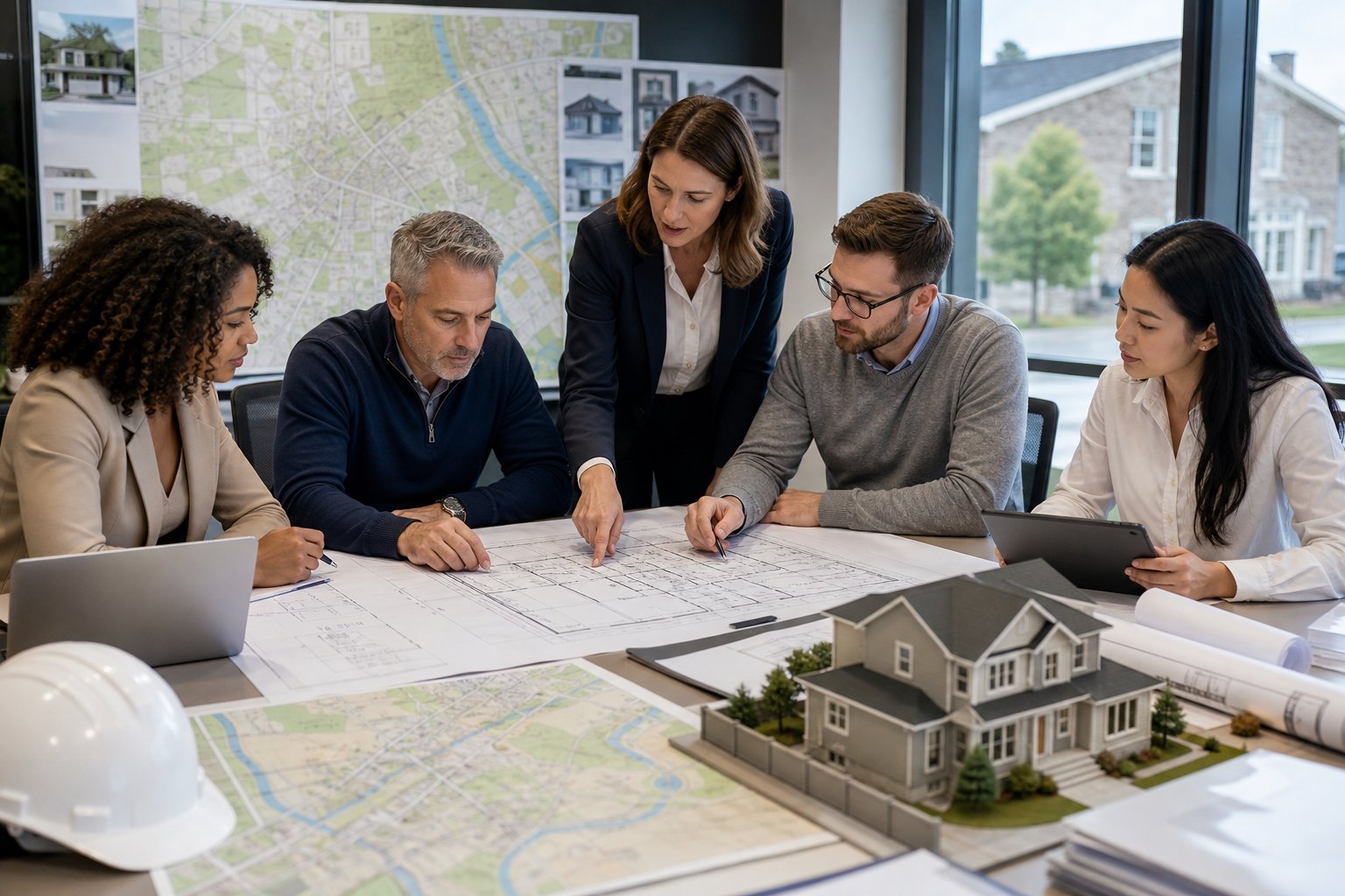 A team of professionals discussing house blueprints and a scale model in a bright office, planning a home renovation project.