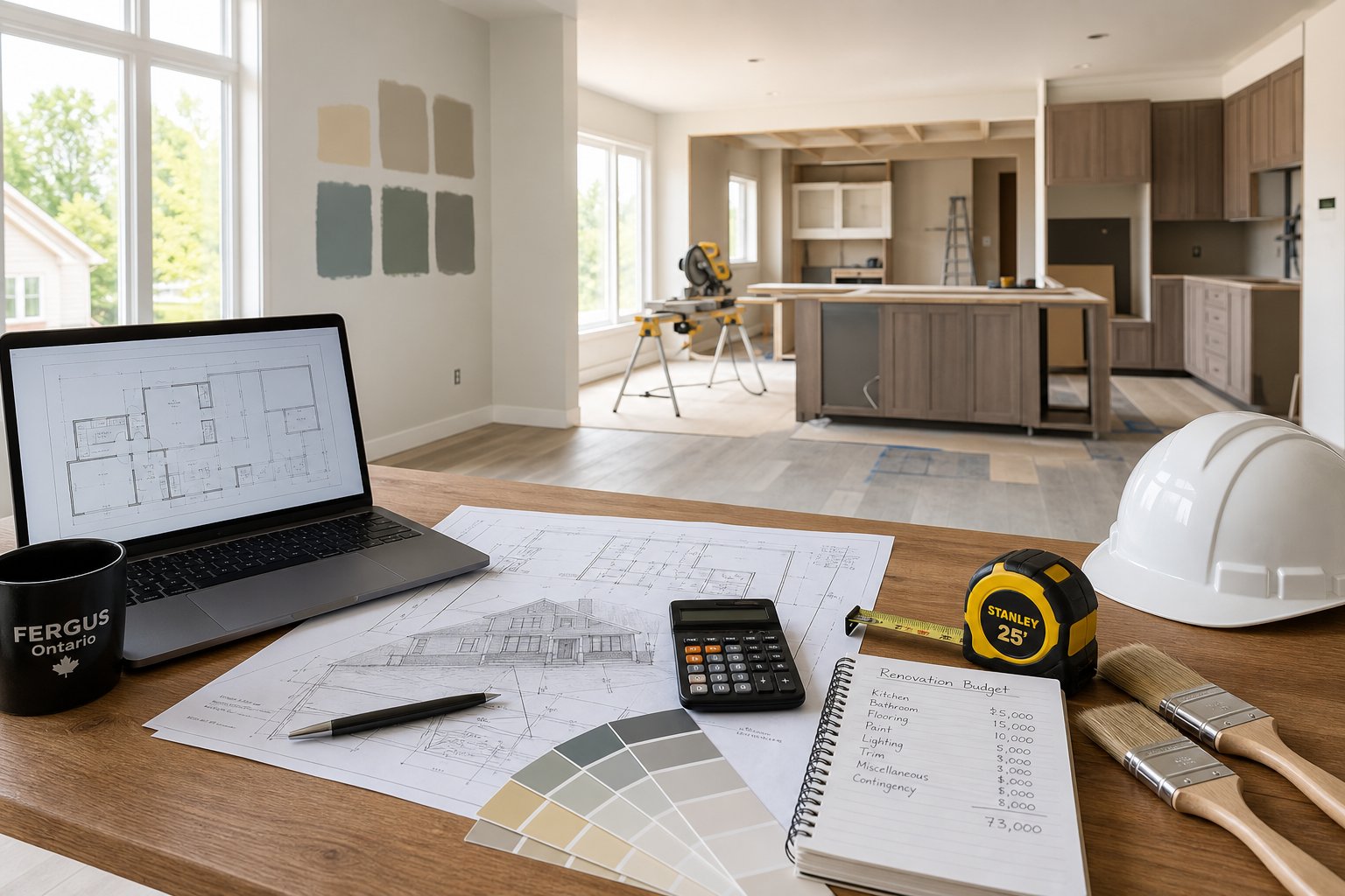 A living room with renovation materials, blueprints, and budgeting tools arranged on a table, with renovation work visible in the background.