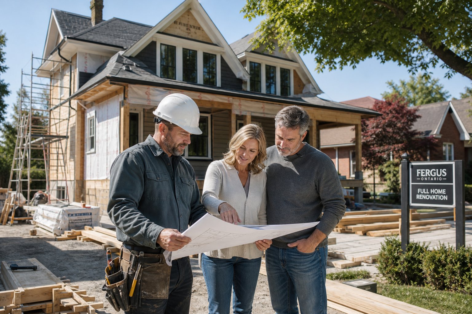A couple talking with a builder outside a partially renovated house with construction materials around.