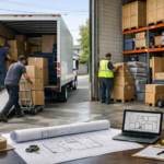 Workers load boxes into a moving truck beside organized warehouse storage and floor plans