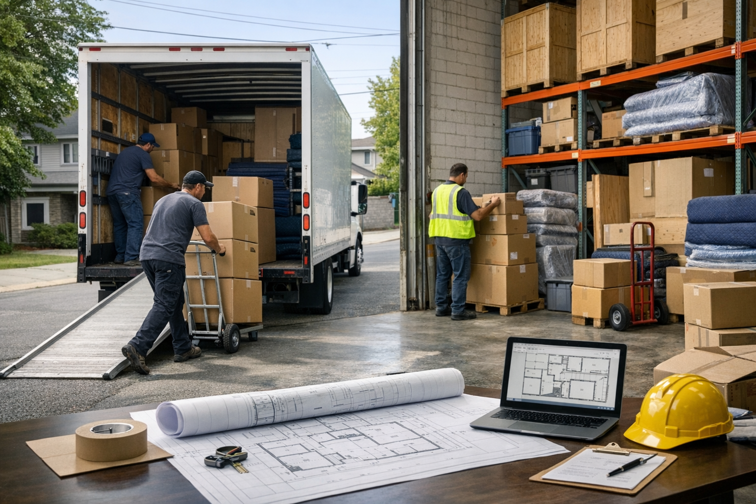 Workers load boxes into a moving truck beside organized warehouse storage and floor plans